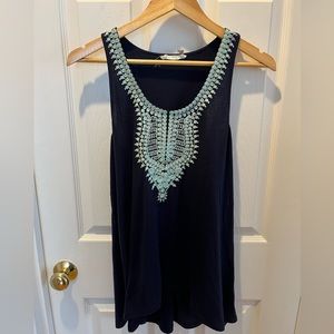 Le Sample Navy Kahlo Embroidered Racerback Solid Tank Size L